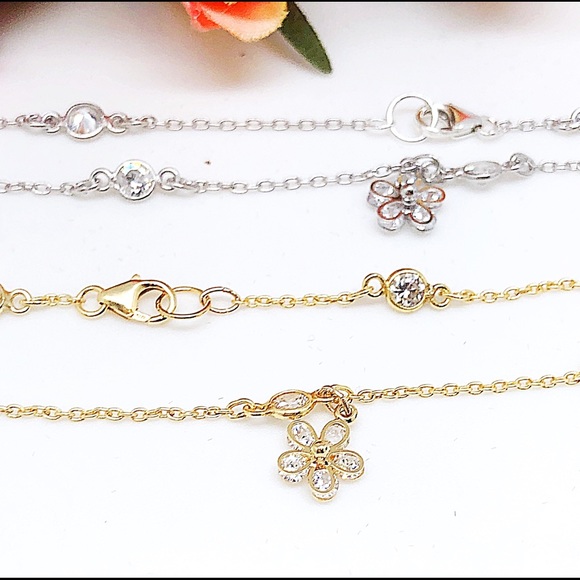 CZ Flower Anklet CZ Chain 9” or 10” Silver/ Gold - Picture 1 of 6